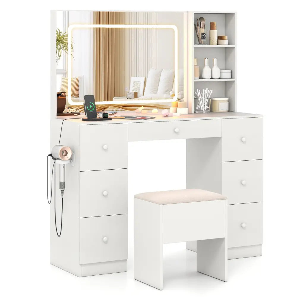 Vanity Desk with Mirror and Lights Makeup Dressing Table Vanity Table and Stool Set-White - White - Makeup Vanities