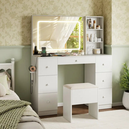 Vanity Desk with Mirror and Lights Makeup Dressing Table Vanity Table and Stool Set-White - White - Makeup Vanities