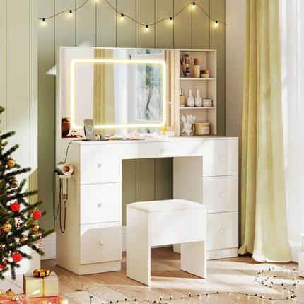 Vanity Desk with Mirror and Lights Makeup Dressing Table Vanity Table and Stool Set-White - White - Makeup Vanities