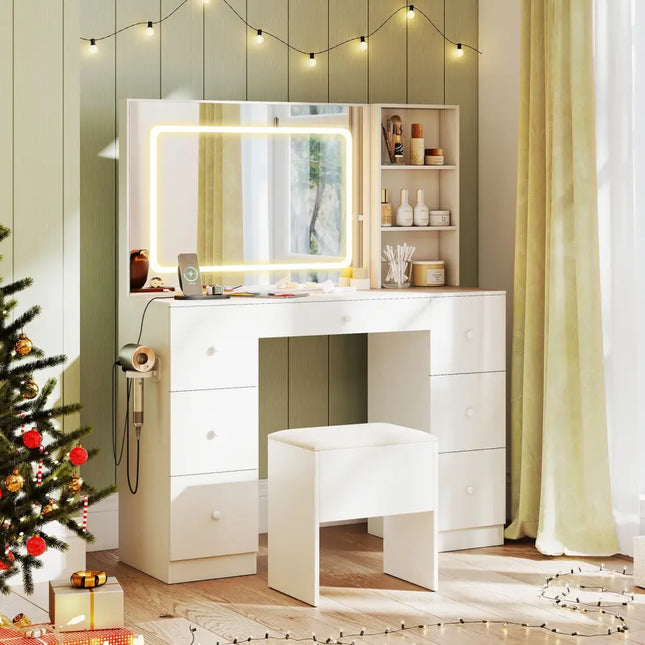Vanity Desk with Mirror and Lights Makeup Dressing Table Vanity Table and Stool Set-White - White - Makeup Vanities
