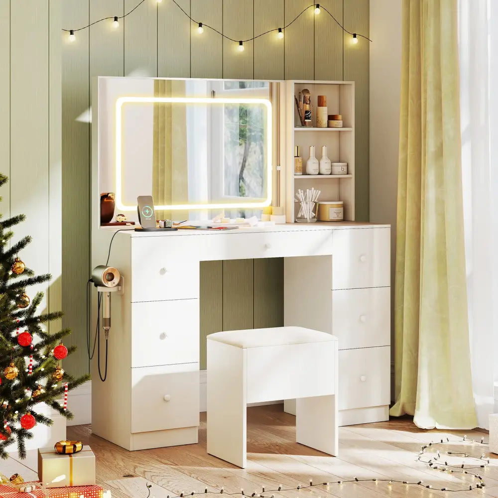 Vanity Desk with Mirror and Lights Makeup Dressing Table Vanity Table and Stool Set-White - White - Makeup Vanities