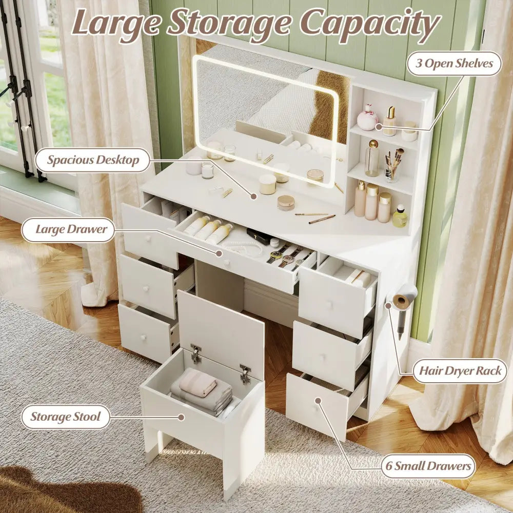 Vanity Desk with Mirror and Lights Makeup Dressing Table Vanity Table and Stool Set-White - White - Makeup Vanities