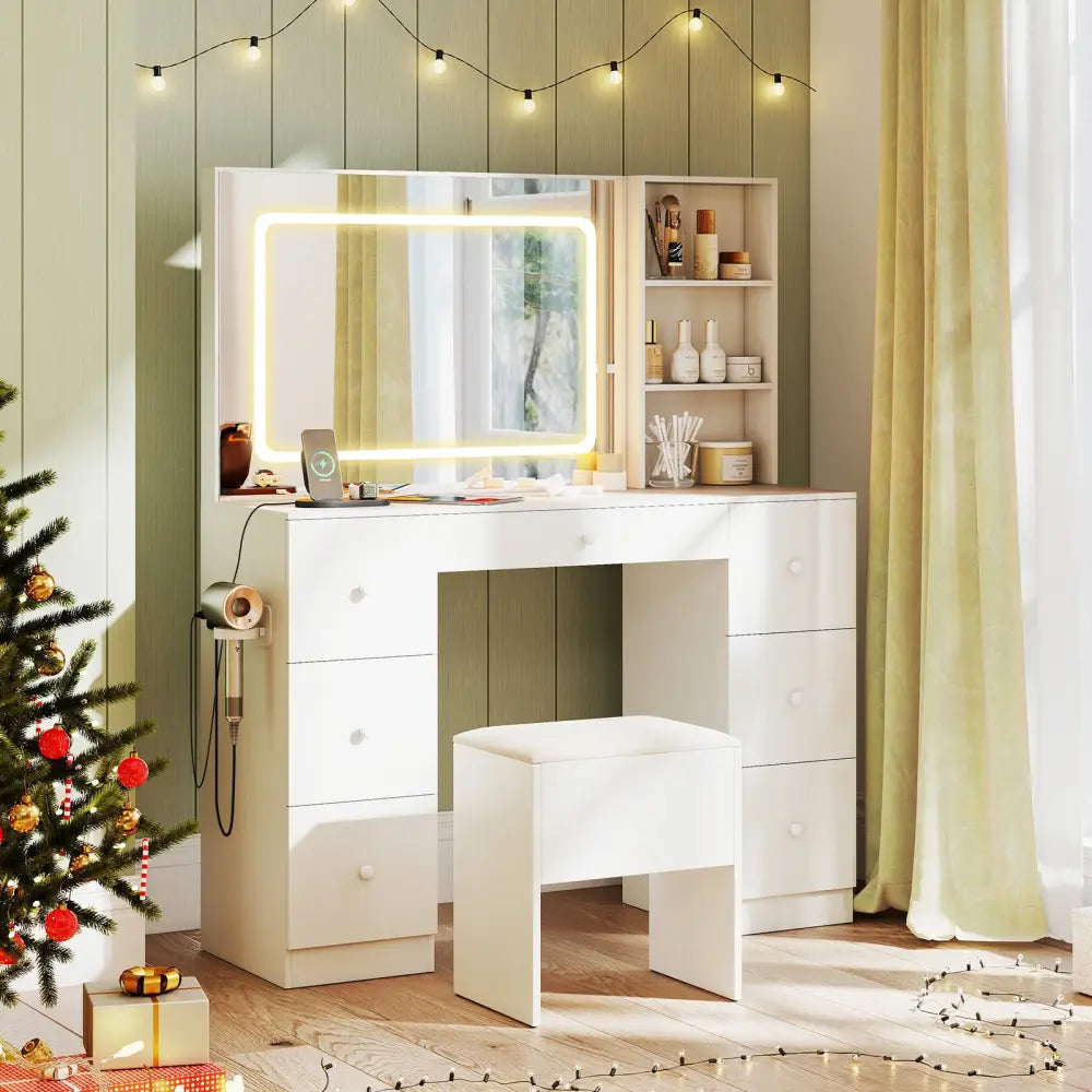 Vanity Desk with Mirror and Lights Makeup Dressing Table Vanity Table and Stool Set-White - White - Makeup Vanities