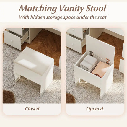 Vanity Desk with Mirror and Lights Makeup Dressing Table Vanity Table and Stool Set-White - White - Makeup Vanities