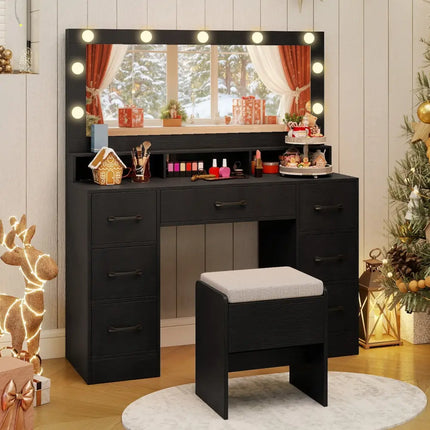 Vanity Desk with Mirror and Lights Makeup Table with Power Outlets-Black - Black - Makeup Vanities
