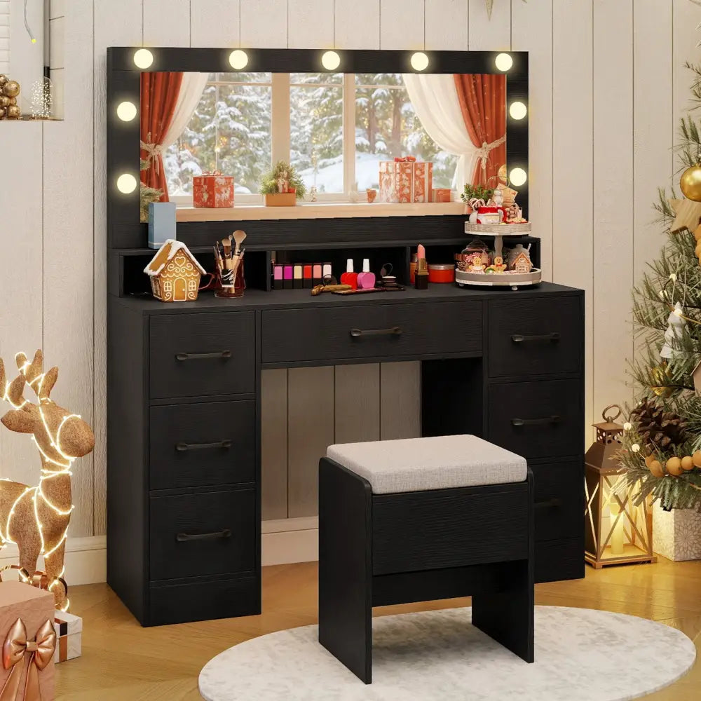 Vanity Desk with Mirror and Lights Makeup Table with Power Outlets-Black - Black - Makeup Vanities