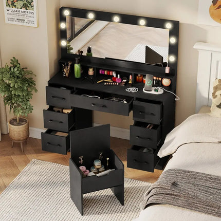 Vanity Desk with Mirror and Lights Makeup Table with Power Outlets-Black - Black - Makeup Vanities