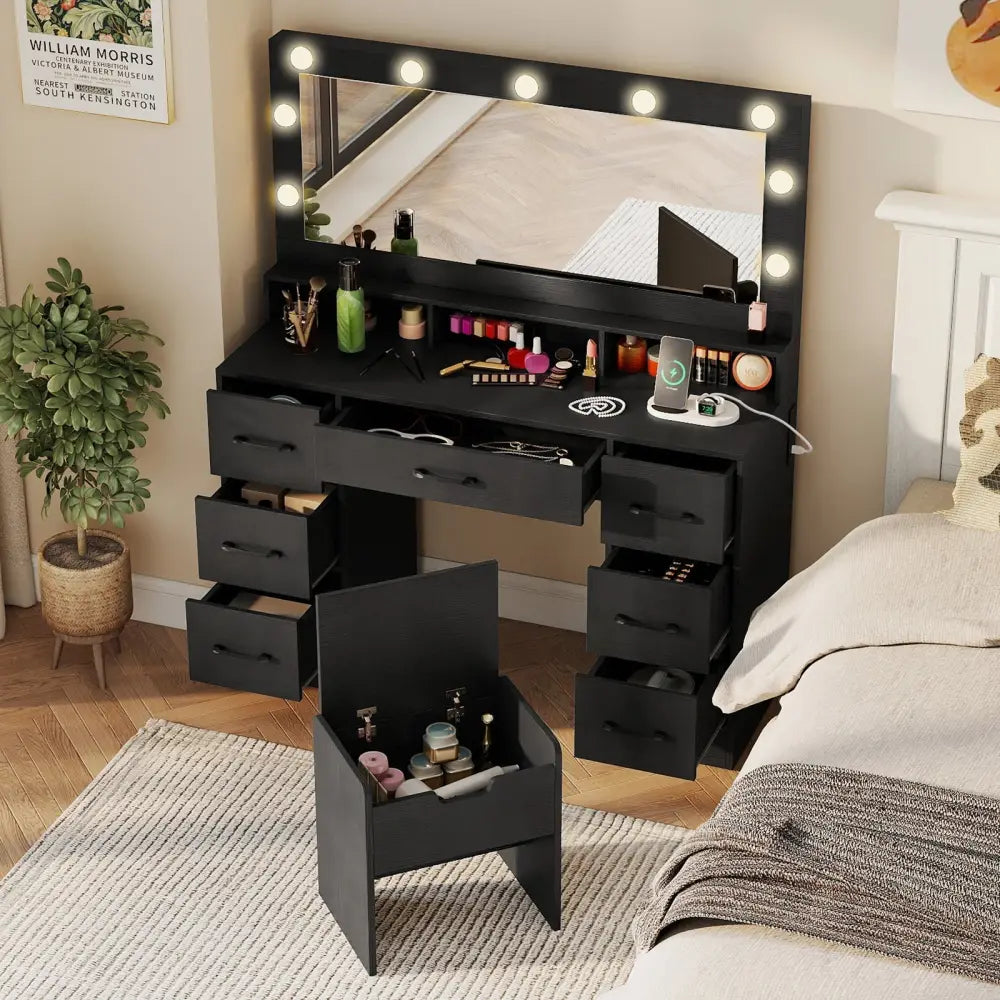 Vanity Desk with Mirror and Lights Makeup Table with Power Outlets-Black - Black - Makeup Vanities