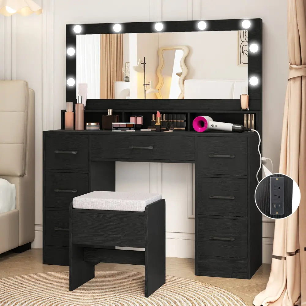 Vanity Desk with Mirror and Lights Makeup Table with Power Outlets-Black - Black - Makeup Vanities