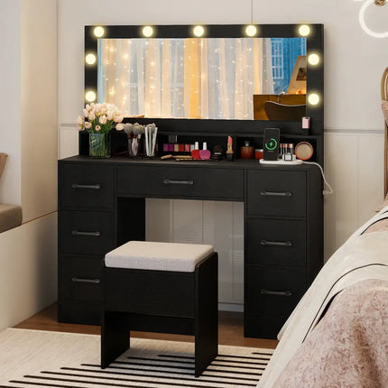 Vanity Desk with Mirror and Lights Makeup Table with Power Outlets-Black - Black - Makeup Vanities