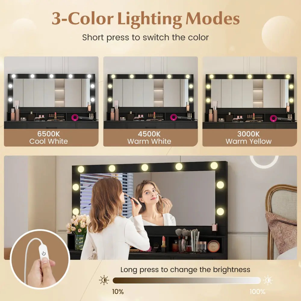 Vanity Desk with Mirror and Lights Makeup Table with Power Outlets-Black - Black - Makeup Vanities