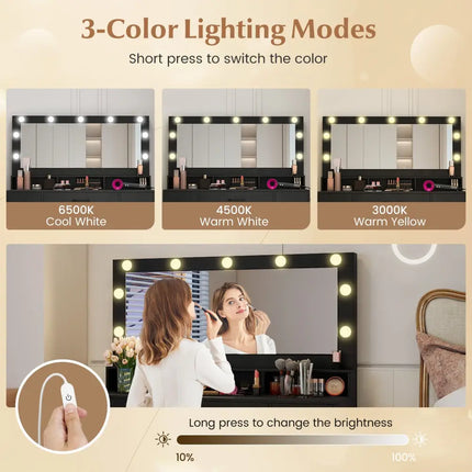 Vanity Desk with Mirror and Lights Makeup Table with Power Outlets-Black - Black - Makeup Vanities