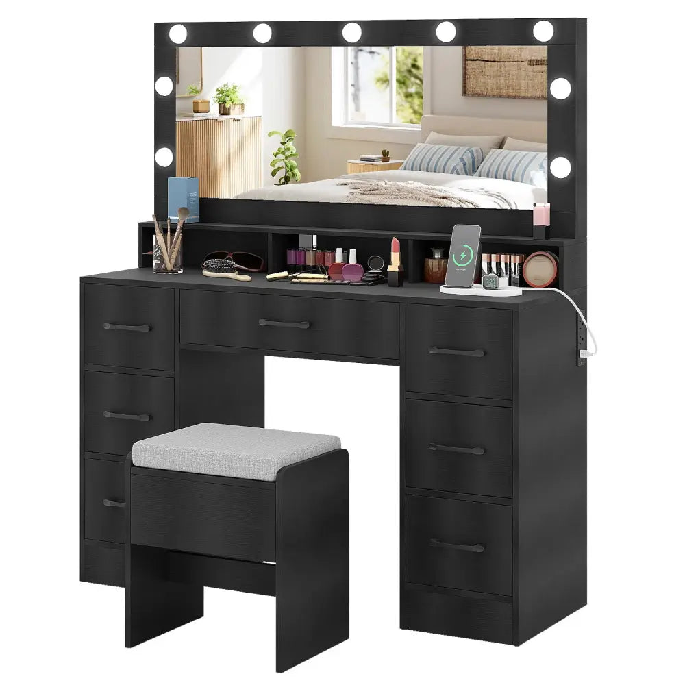 Vanity Desk with Mirror and Lights Makeup Table with Power Outlets-Black - Black - Makeup Vanities