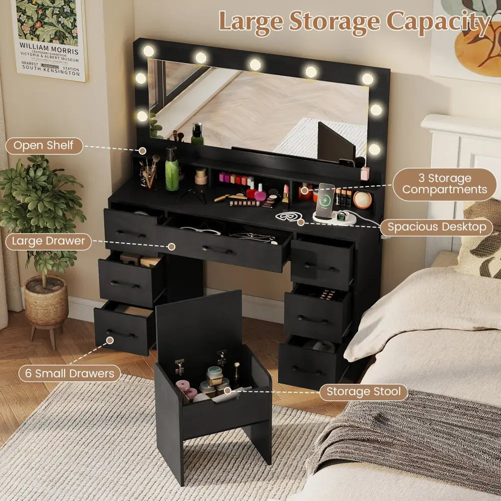 Vanity Desk with Mirror and Lights Makeup Table with Power Outlets-Black - Black - Makeup Vanities