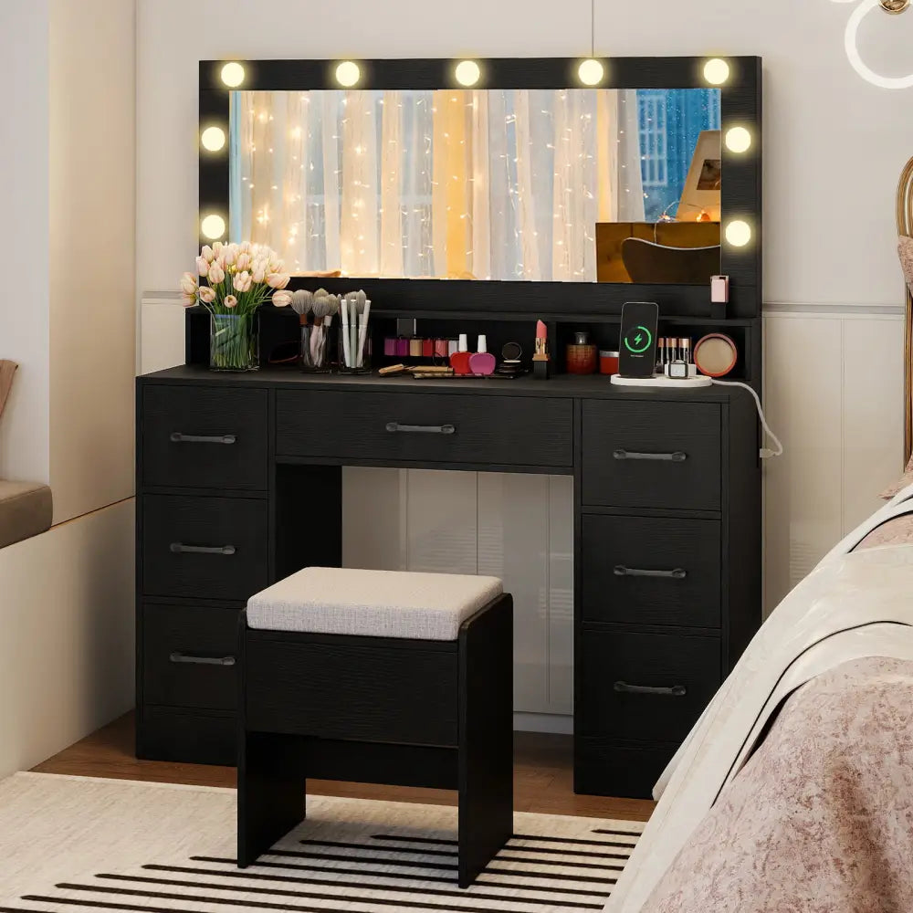 Vanity Desk with Mirror and Lights Makeup Table with Power Outlets-Black - Black - Makeup Vanities