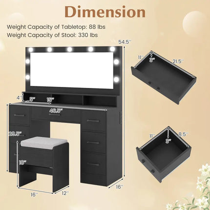 Vanity Desk with Mirror and Lights Makeup Table with Power Outlets-Black - Black - Makeup Vanities