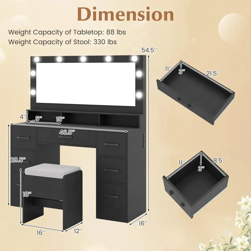 Vanity Desk with Mirror and Lights Makeup Table with Power Outlets-Black - Black - Makeup Vanities