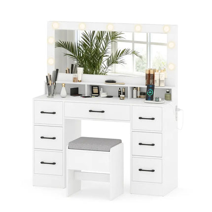 Vanity Desk with Mirror and Lights Makeup Table with Power Outlets-White - White - Makeup Vanities