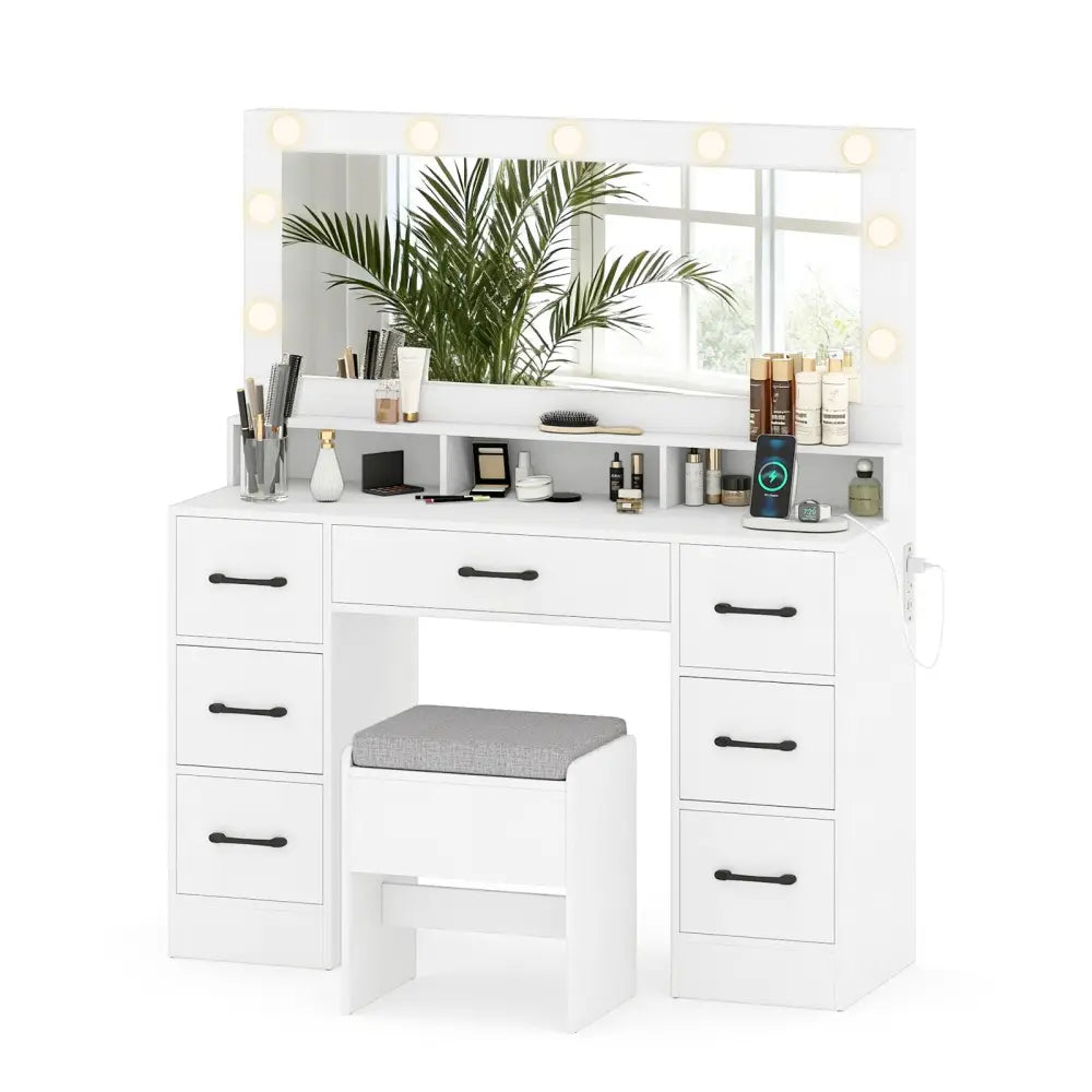 Vanity Desk with Mirror and Lights Makeup Table with Power Outlets-White - White - Makeup Vanities
