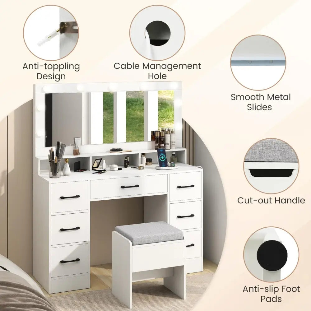 Vanity Desk with Mirror and Lights Makeup Table with Power Outlets-White - White - Makeup Vanities