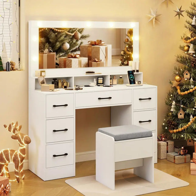 Vanity Desk with Mirror and Lights Makeup Table with Power Outlets-White - White - Makeup Vanities