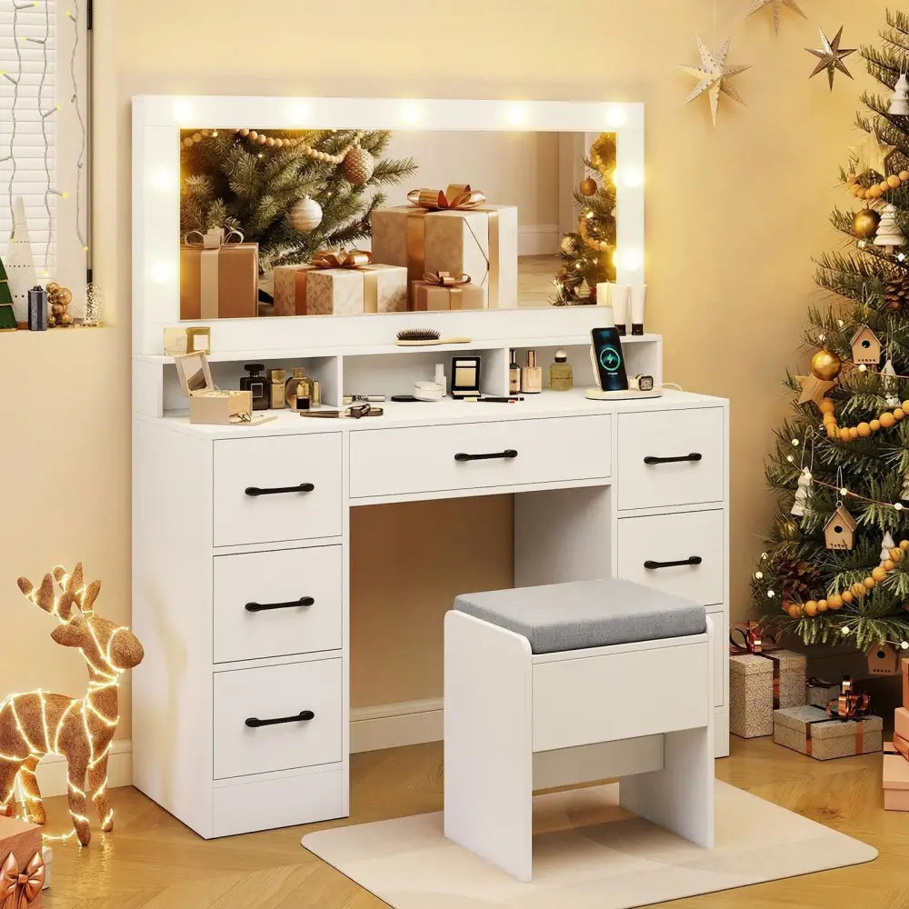 Vanity Desk with Mirror and Lights Makeup Table with Power Outlets-White - White - Makeup Vanities