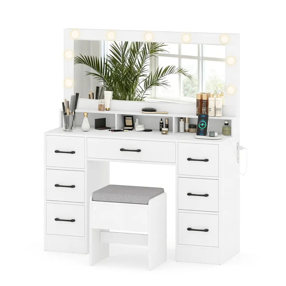 Vanity Desk with Mirror and Lights Makeup Table with Power Outlets-White - White - Makeup Vanities