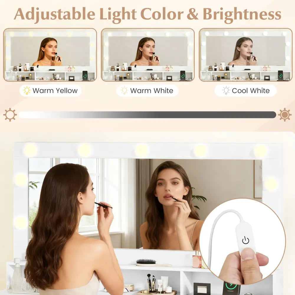 Vanity Desk with Mirror and Lights Makeup Table with Power Outlets-White - White - Makeup Vanities