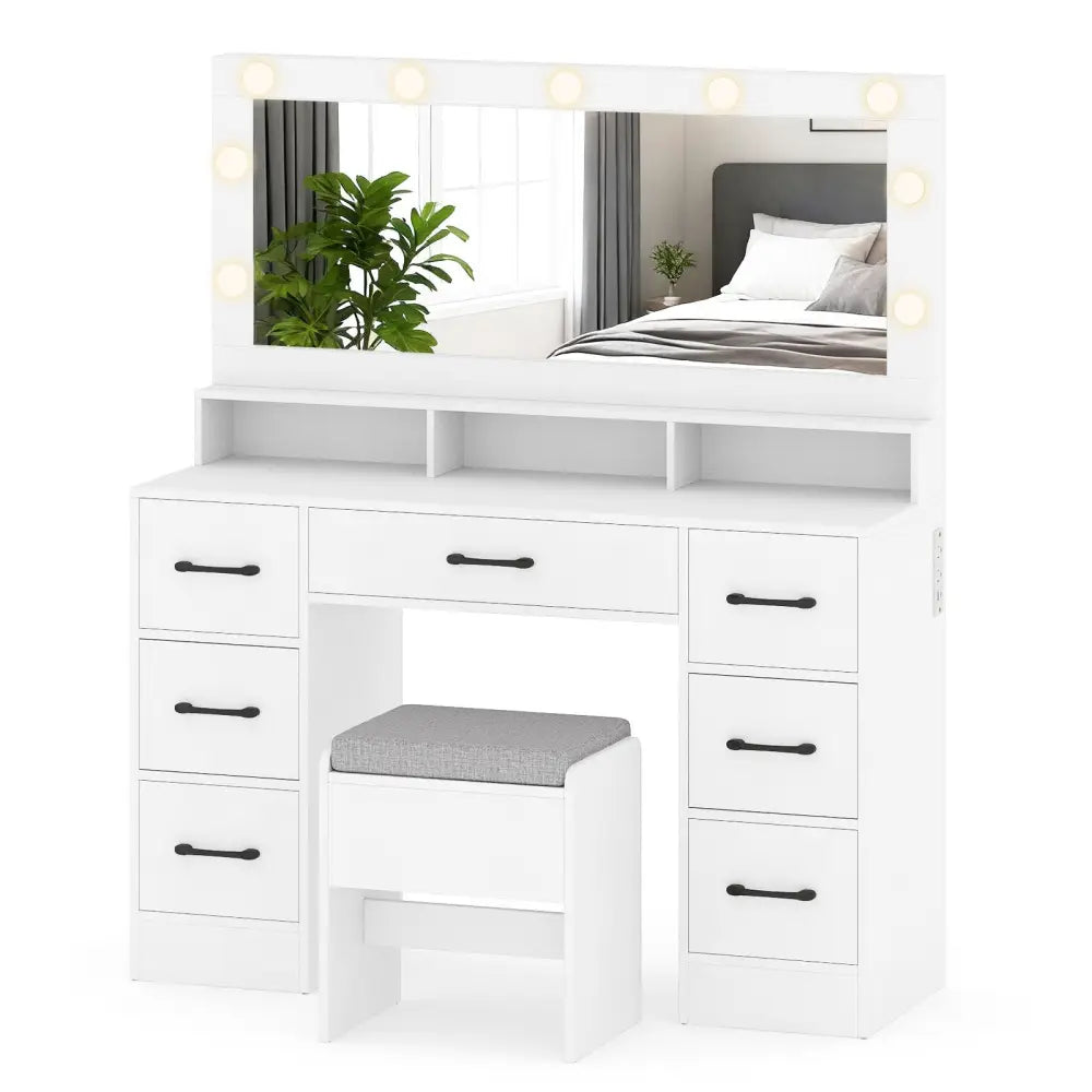 Vanity Desk with Mirror and Lights Makeup Table with Power Outlets-White - White - Makeup Vanities