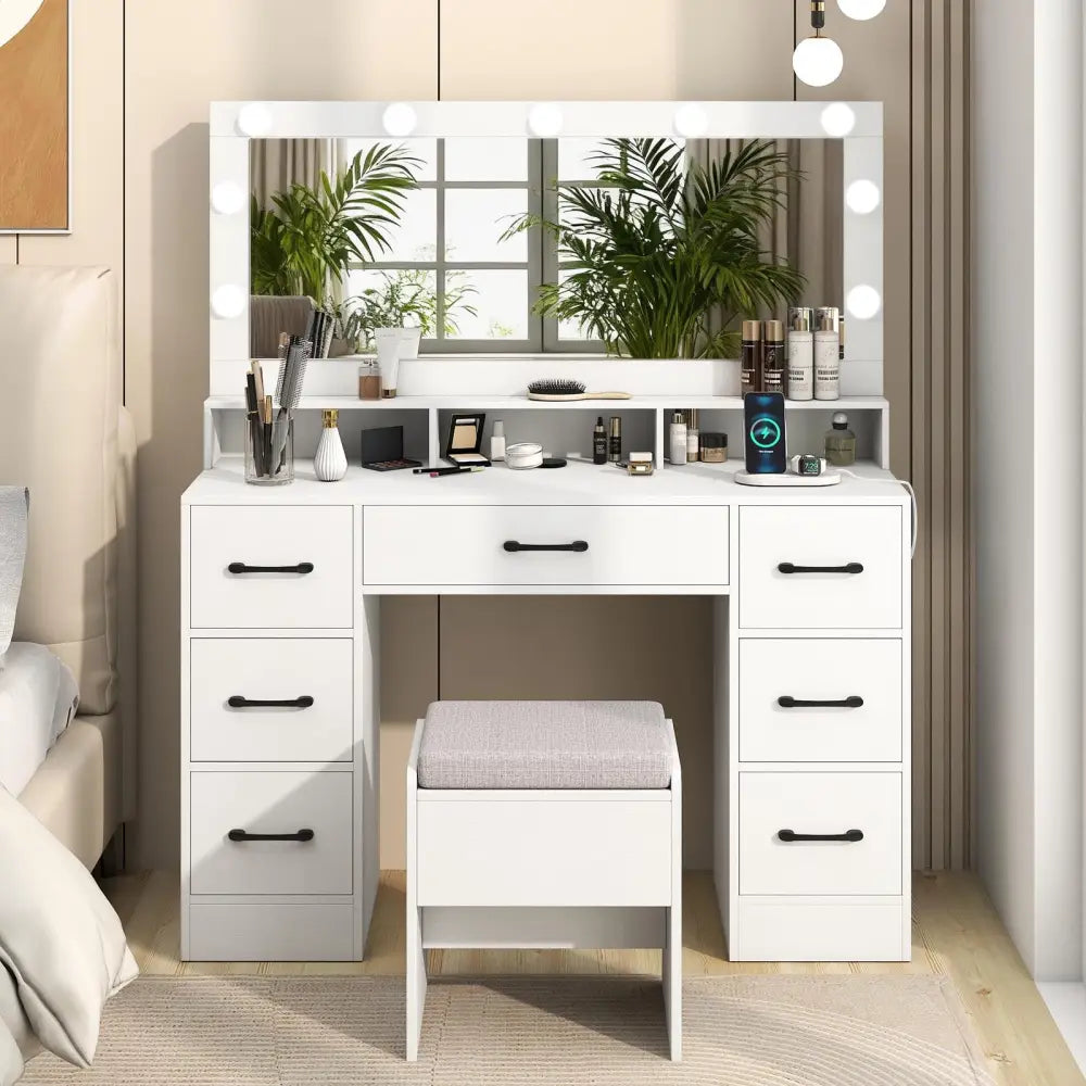 Vanity Desk with Mirror and Lights Makeup Table with Power Outlets-White - White - Makeup Vanities