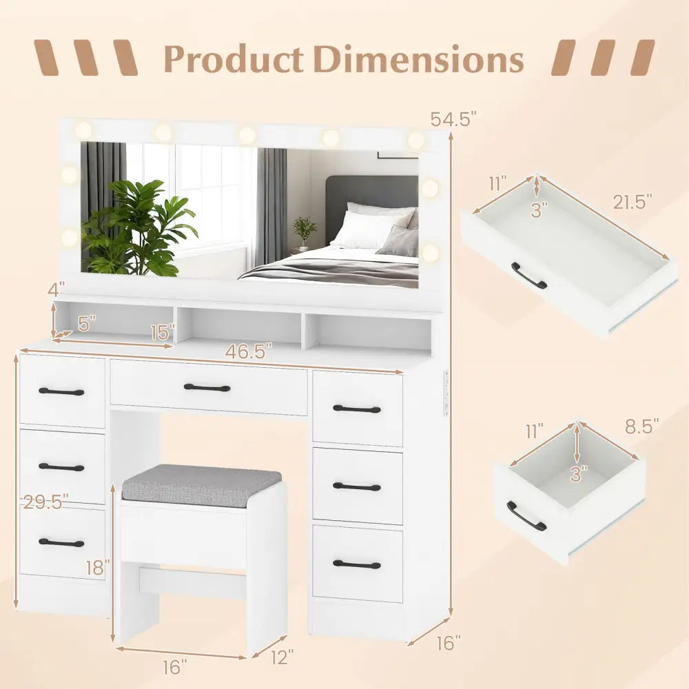 Vanity Desk with Mirror and Lights Makeup Table with Power Outlets-White - White - Makeup Vanities