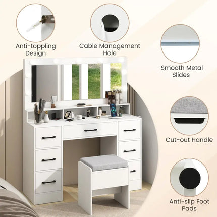 Vanity Desk with Mirror and Lights Makeup Table with Power Outlets-White - White - Makeup Vanities
