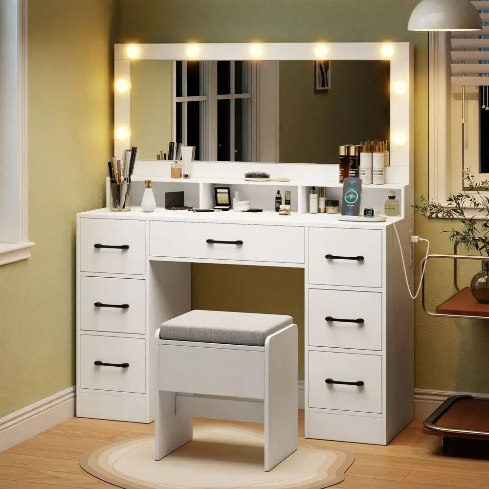 Vanity Desk with Mirror and Lights Makeup Table with Power Outlets-White - White - Makeup Vanities
