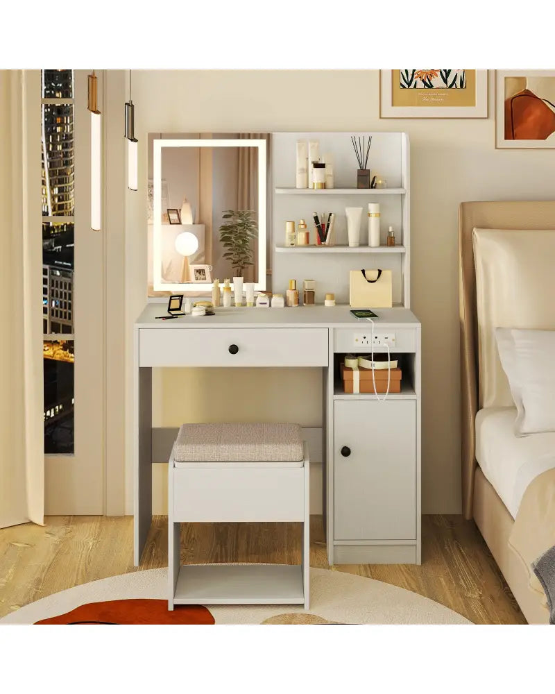 Vanity Desk with Mirror and Lights-White - White - Makeup Vanities