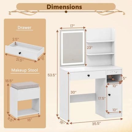 Vanity Desk with Mirror and Lights-White - White - Makeup Vanities