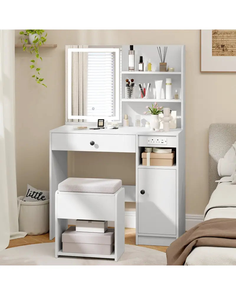 Vanity Desk with Mirror and Lights-White - White - Makeup Vanities