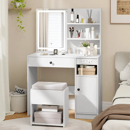 Vanity Desk with Mirror and Lights-White - White - Makeup Vanities