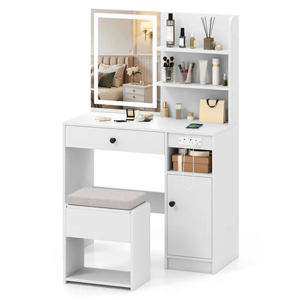 Vanity Desk with Mirror and Lights-White - White - Makeup Vanities