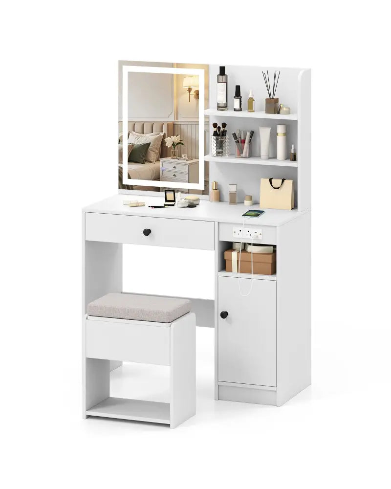 Vanity Desk with Mirror and Lights-White - White - Makeup Vanities