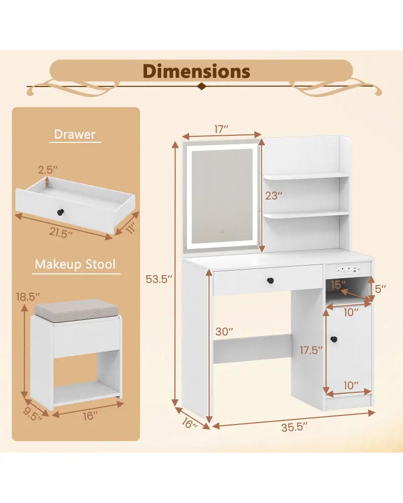 Vanity Desk with Mirror and Lights-White - White - Makeup Vanities