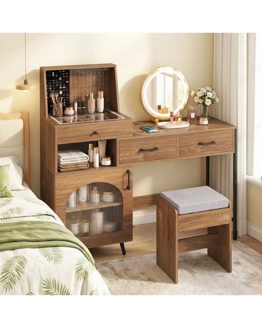Vanity Desk with Mirror & Lights with Ring Slots & Necklace Hooks for Makeup-Natural & White - Natural & White - Makeup