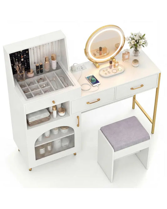 Vanity Desk with Mirror & Lights with Ring Slots & Necklace Hooks for Makeup-White - White - Makeup Vanities