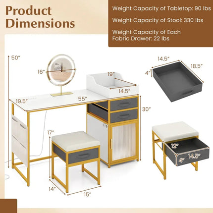 Vanity Desk with Rotatable Lighted Mirror 55 Inch Makeup Vanity Table-White - White - Makeup Vanities