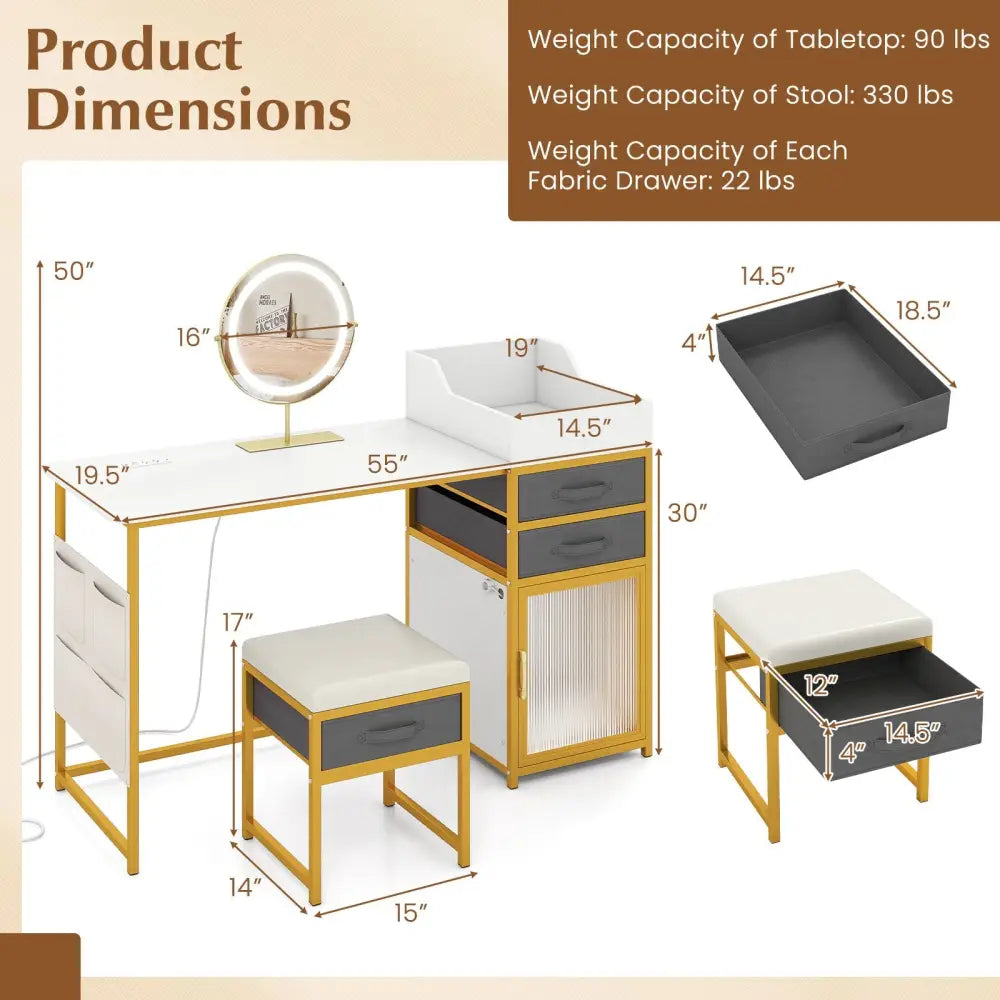 Vanity Desk with Rotatable Lighted Mirror 55 Inch Makeup Vanity Table-White - White - Makeup Vanities