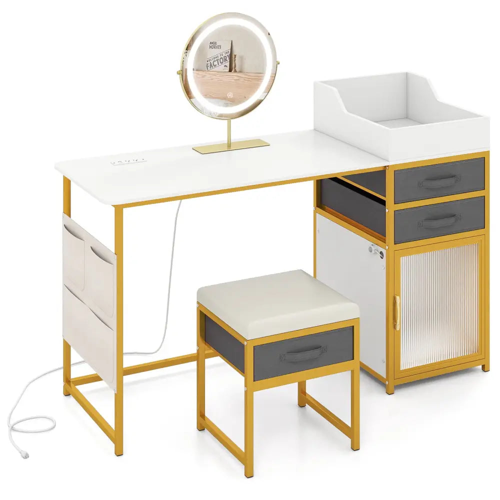 Vanity Desk with Rotatable Lighted Mirror 55 Inch Makeup Vanity Table-White - White - Makeup Vanities