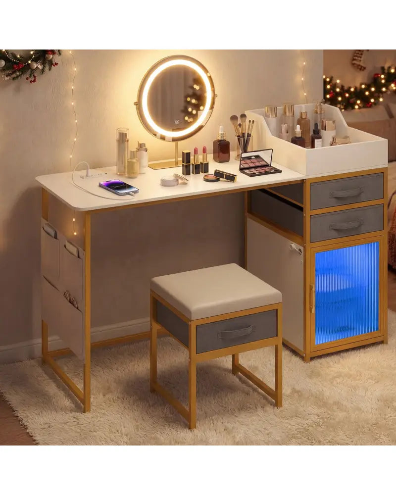 Vanity Desk with Rotatable Lighted Mirror 55 Inch Makeup Vanity Table-White - White - Makeup Vanities
