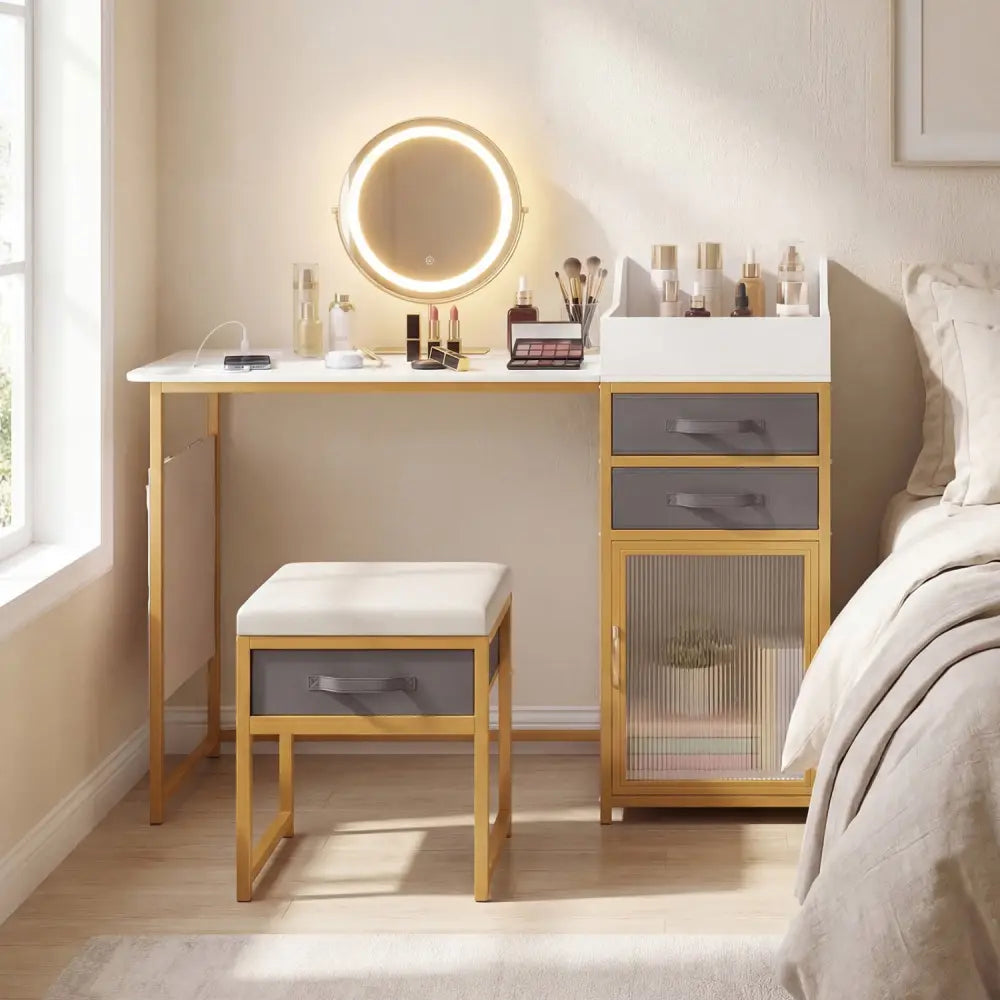 Vanity Desk with Rotatable Lighted Mirror 55 Inch Makeup Vanity Table-White - White - Makeup Vanities