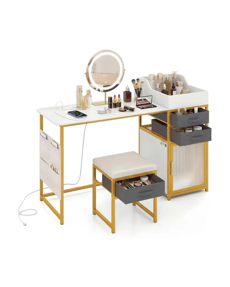 Vanity Desk with Rotatable Lighted Mirror 55 Inch Makeup Vanity Table-White - White - Makeup Vanities