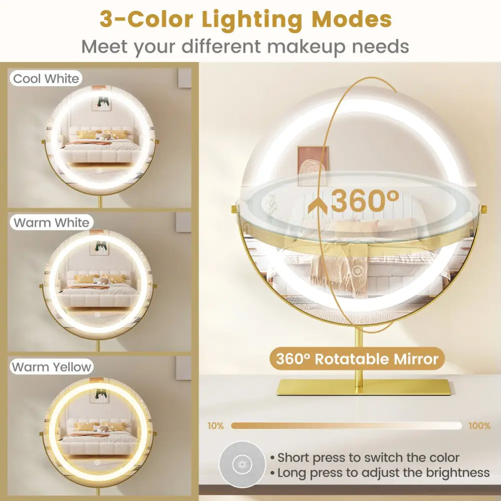Vanity Desk with Rotatable Lighted Mirror 55 Inch Makeup Vanity Table-White - White - Makeup Vanities