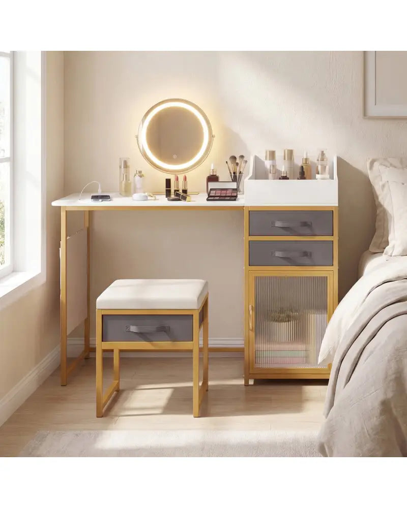 Vanity Desk with Rotatable Lighted Mirror 55 Inch Makeup Vanity Table-White - White - Makeup Vanities